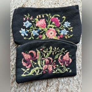 2 Vintage Petit Point Floral Needlepoint Embroidered Clutches
